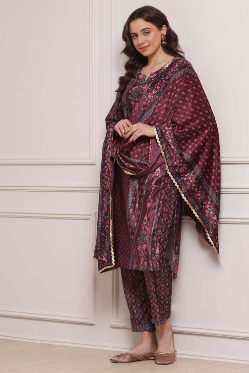 Plum Velvet Printed Straight Winter Suit Set